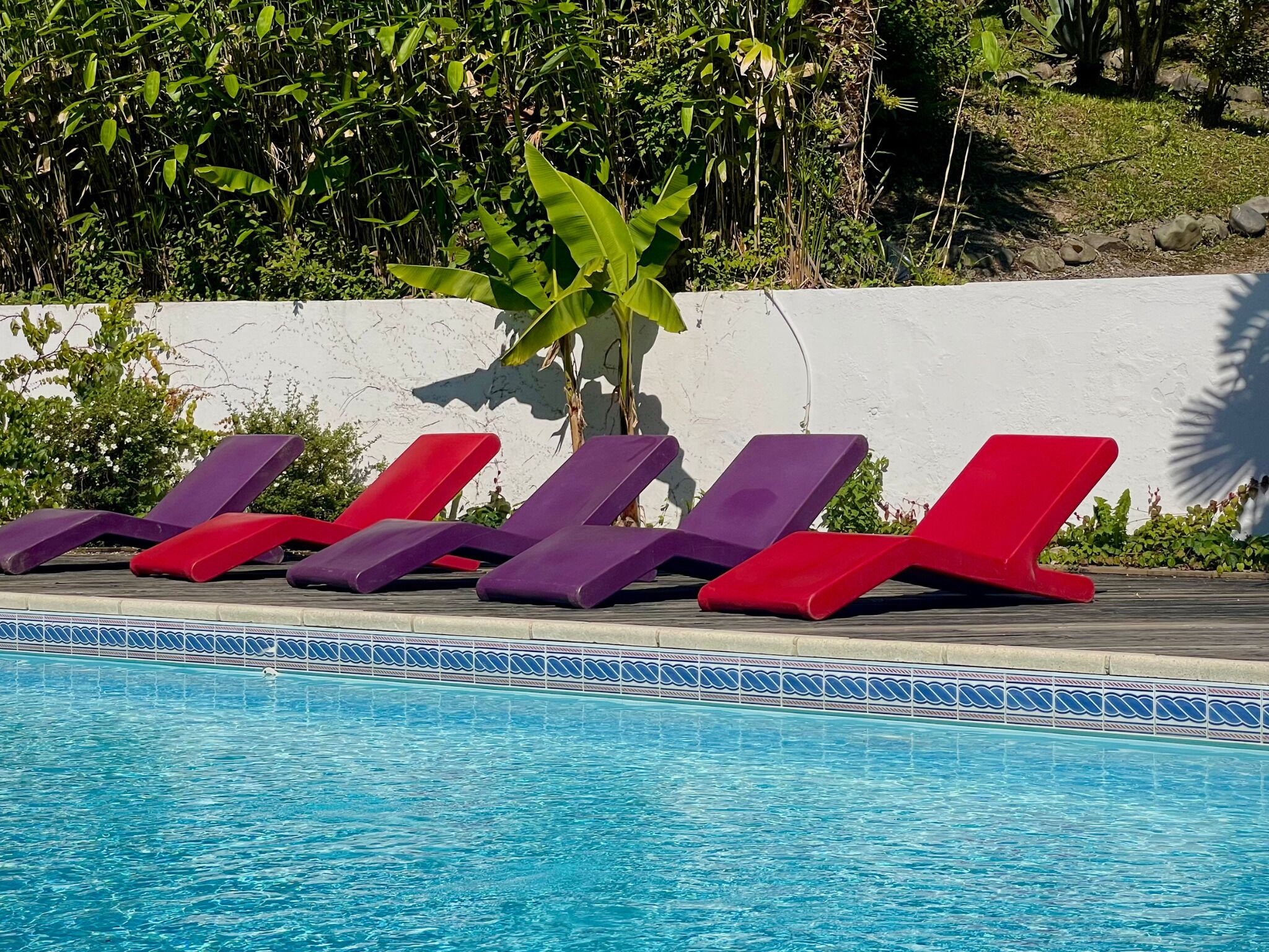 A poolside area with lounge chairs and a tiled pool edge.