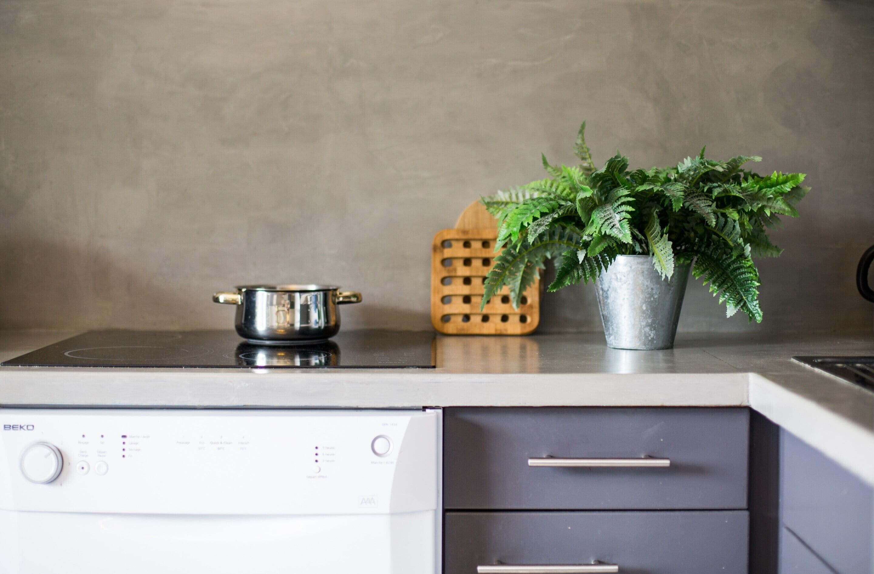 A kitchen with a stove, a pot, a potted plant, and a wooden utensil holder.