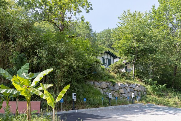 A house with a stone wall and lush greenery.