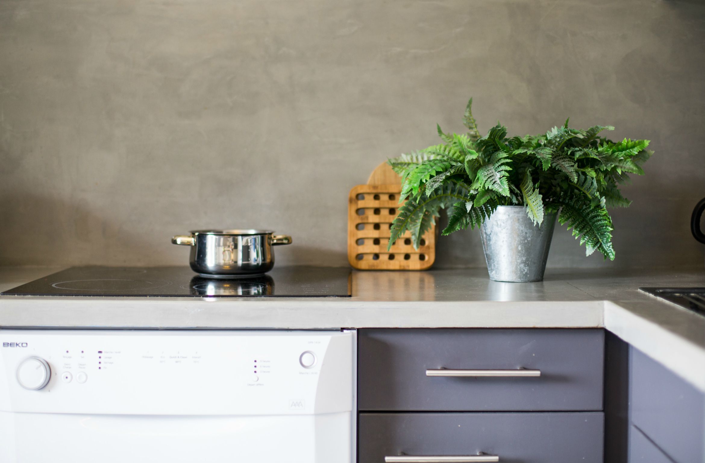 A kitchen with a stove, a pot, a wooden utensil holder, and a potted plant.
