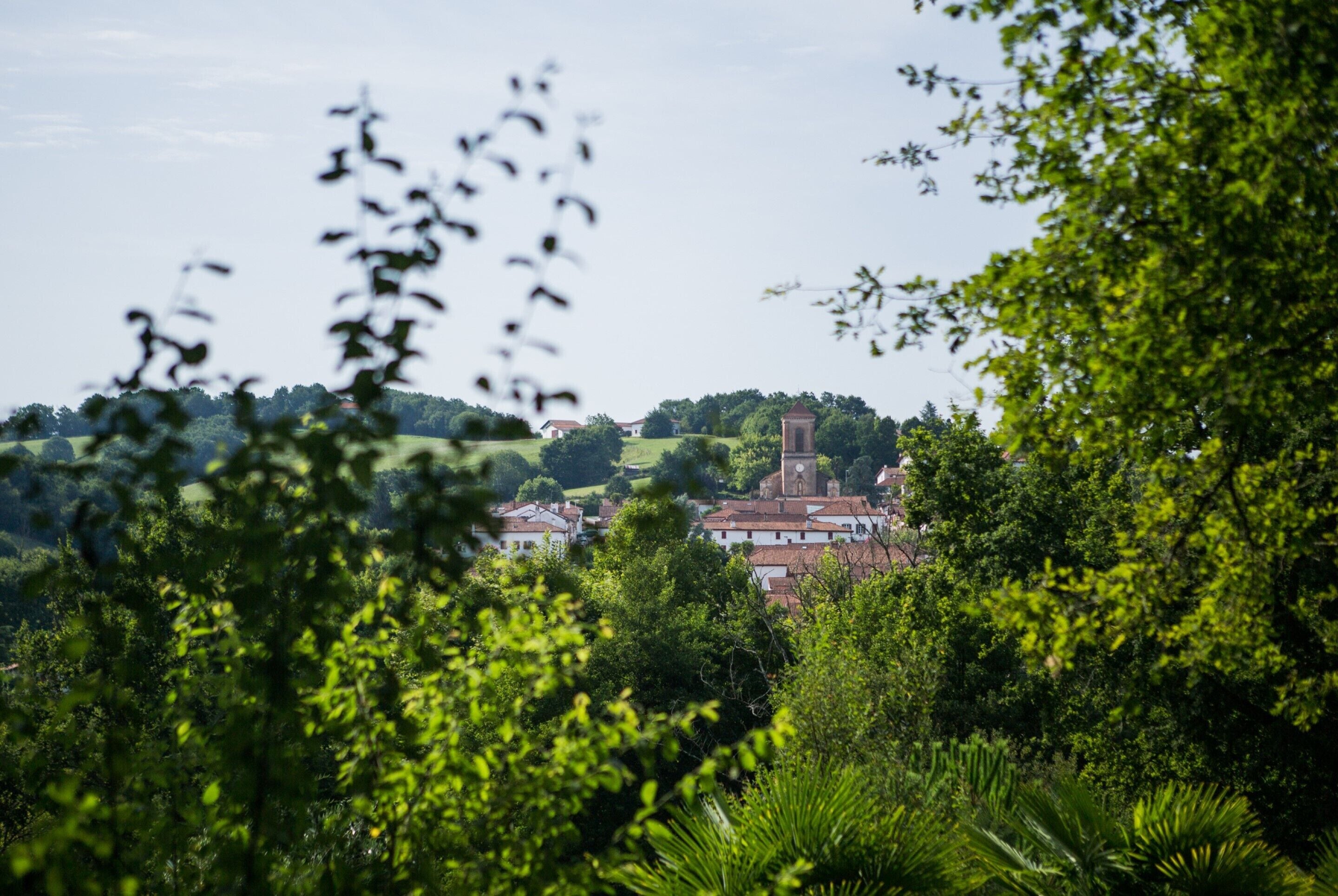 A town with a prominent tower and buildings with red-tiled roofs, surrounded by lush greenery.