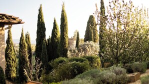 A garden with tall cypress trees, a variety of shrubs, and a stone pathway. - COMO Castello Del Nero (Barberino Tavarnelle)