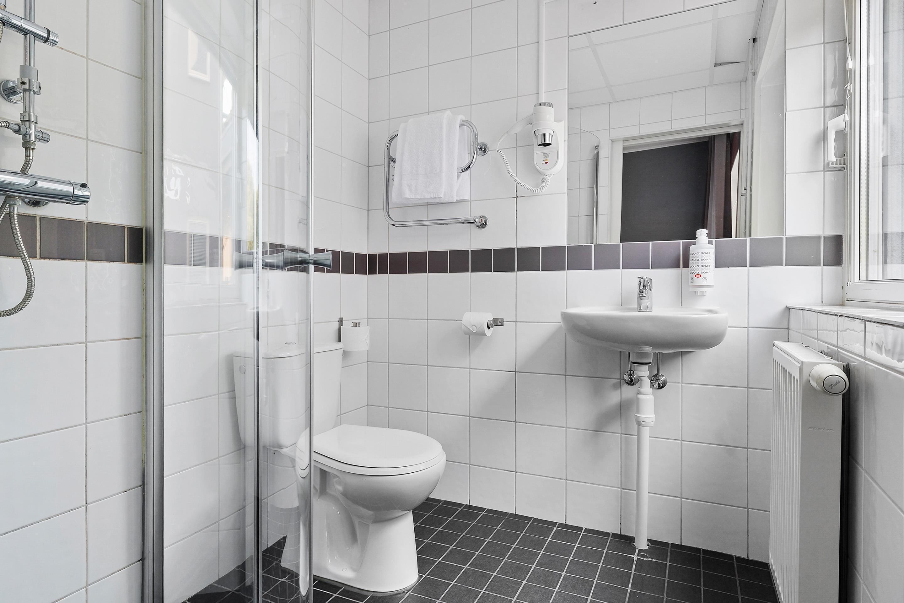 A modern bathroom with a glass shower enclosure, a white toilet, a sink with a soap dispenser, and a radiator.
