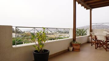 A balcony with a potted plant, a table with chairs, and a view of the cityscape.