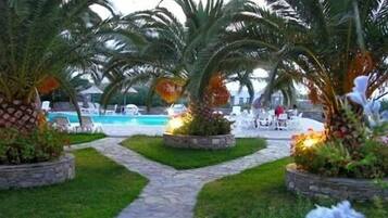 Un área junto a la piscina con palmeras, un camino de piedra y sillones de descanso.