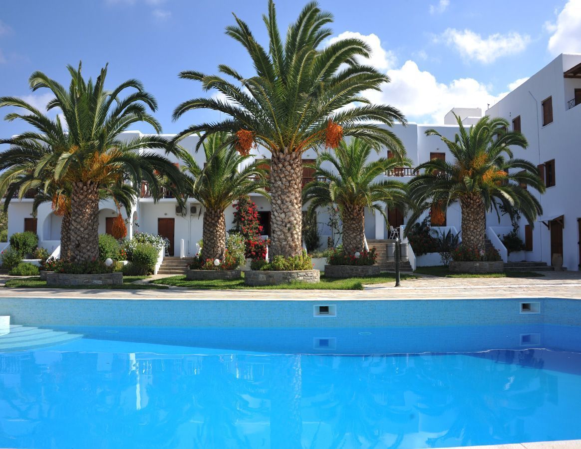 A swimming pool with palm trees and white buildings in the background.
