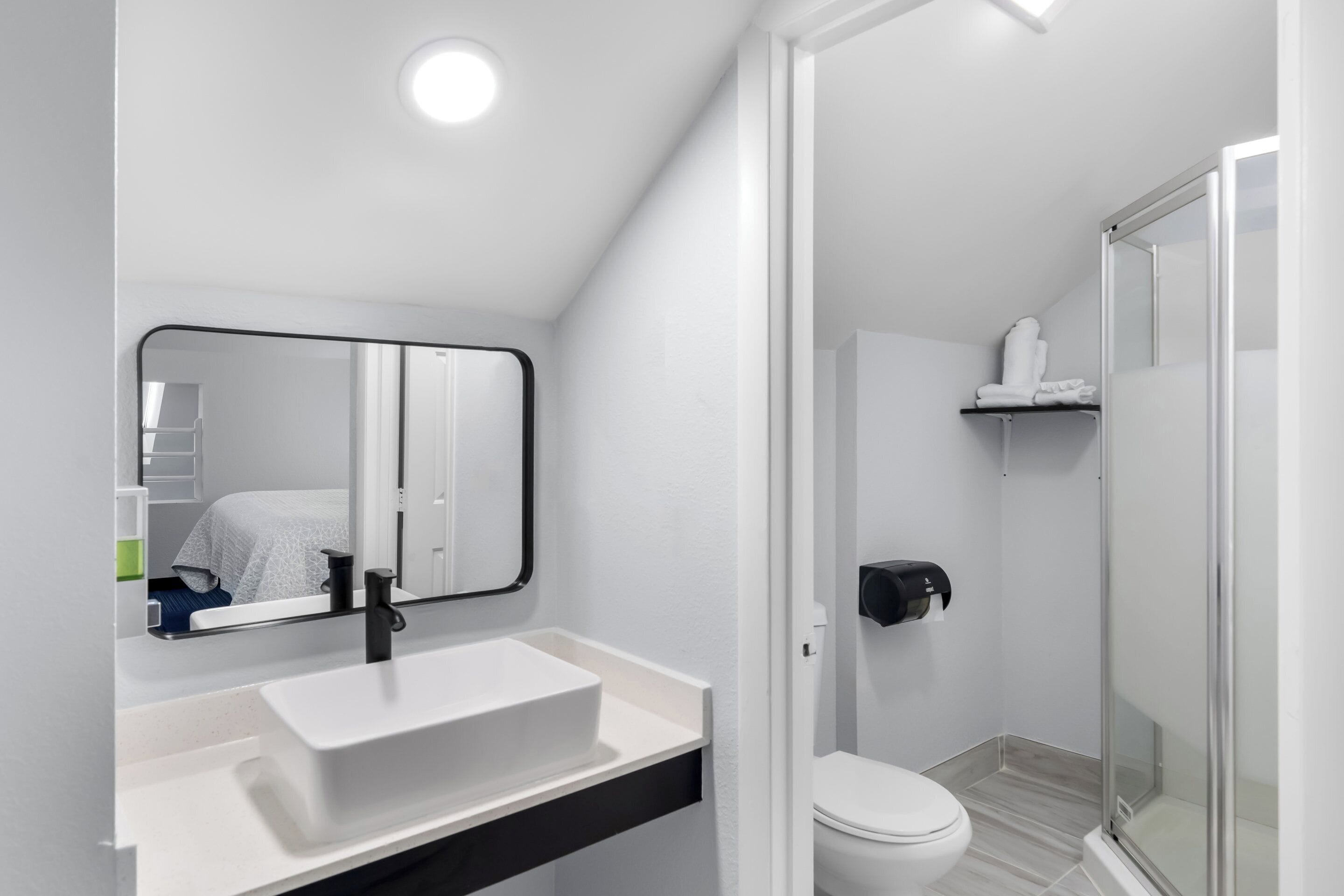 Hair dryer, towels, soap, shampoo