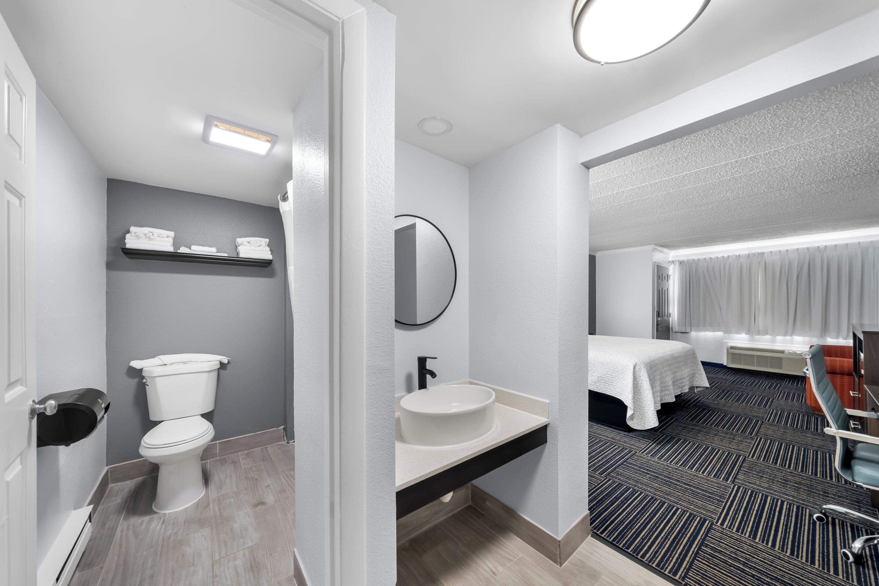 Hair dryer, towels, soap, shampoo