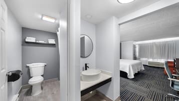 Hair dryer, towels, soap, shampoo
