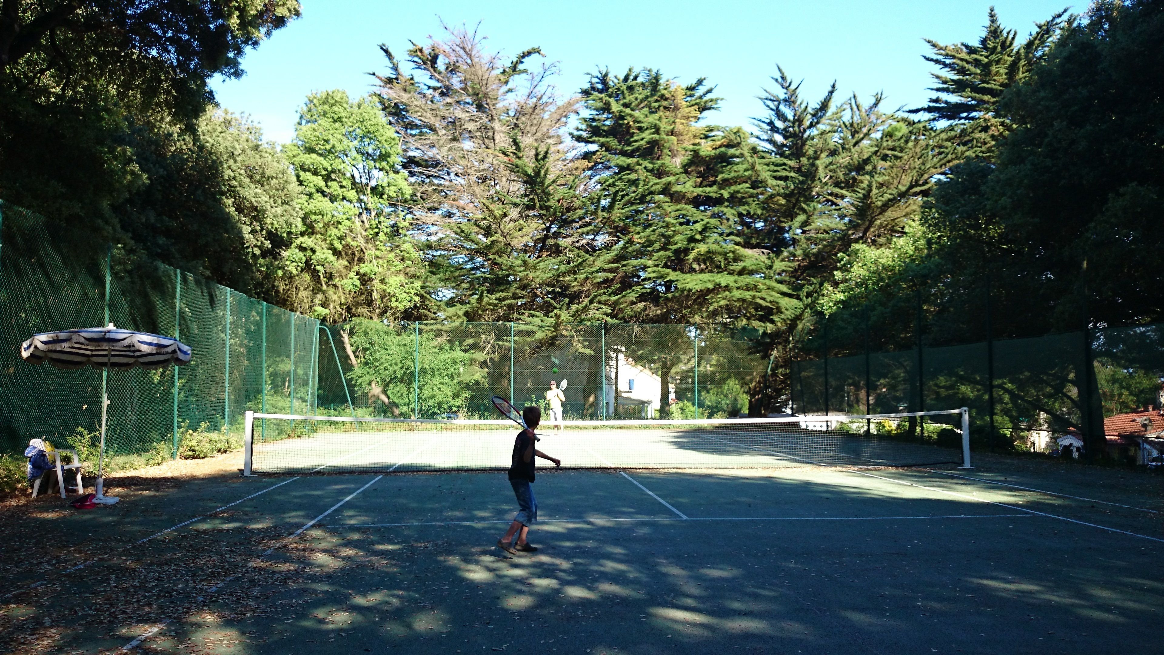 Un court de tennis avec un filet, entouré d’arbres et d’une clôture.