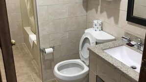 A bathroom with a toilet, sink, and shower area. - Blue Falls Motel (Tonawanda)