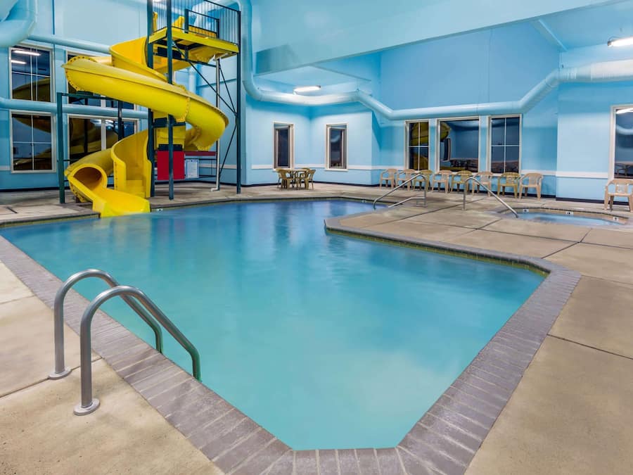 Indoor pool, open 9:00 AM to 10:00 PM, lifeguards on site