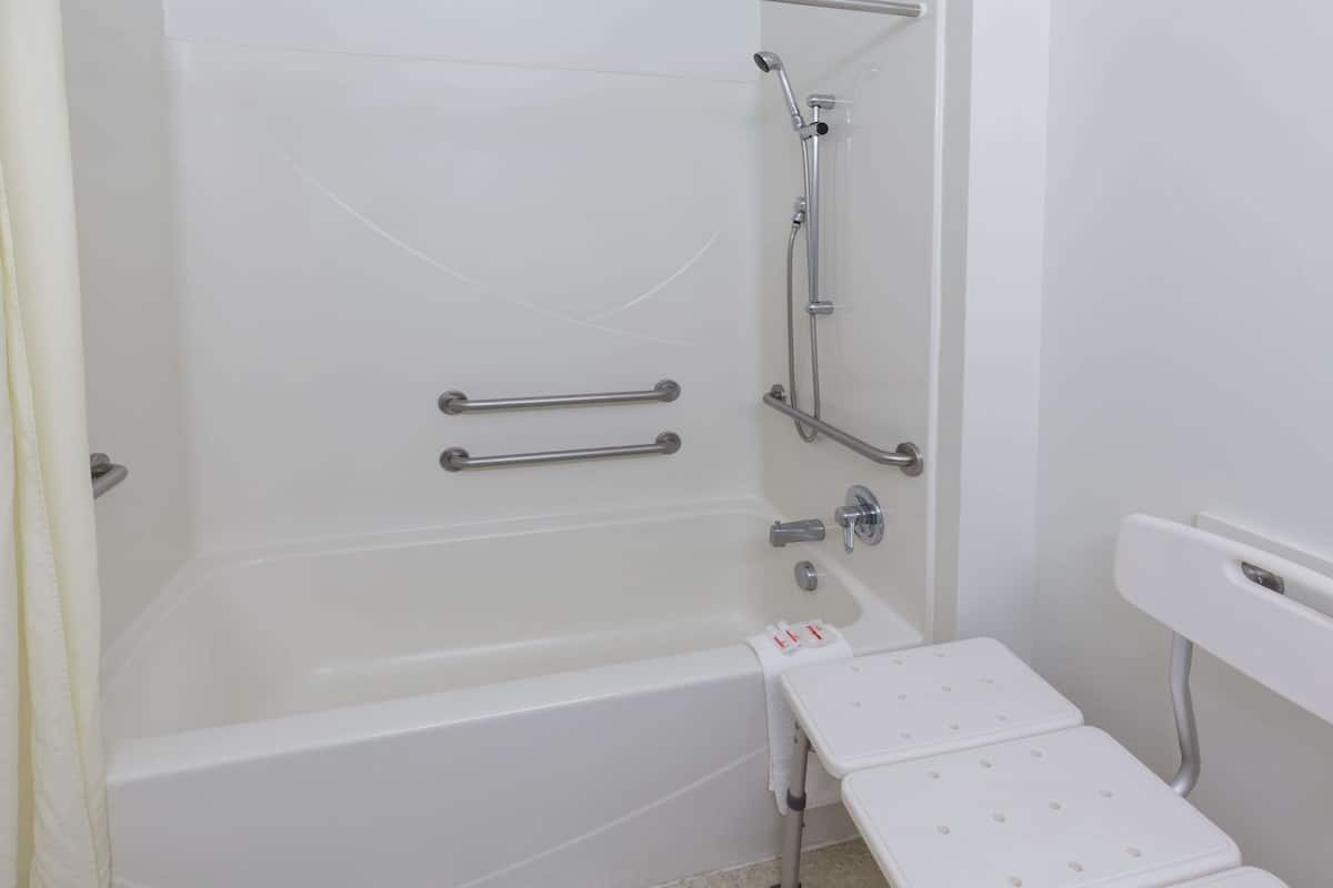 combined shower/bathtub, free toiletries, hair dryer, towels