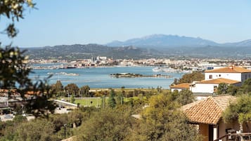 Paesaggio costiero con un porto turistico, edifici e montagne sullo sfondo.