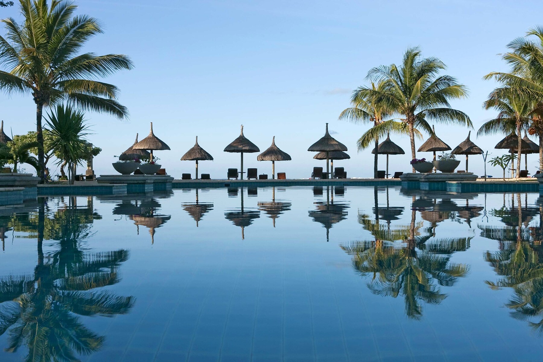 Outdoor pool, pool umbrellas, pool loungers