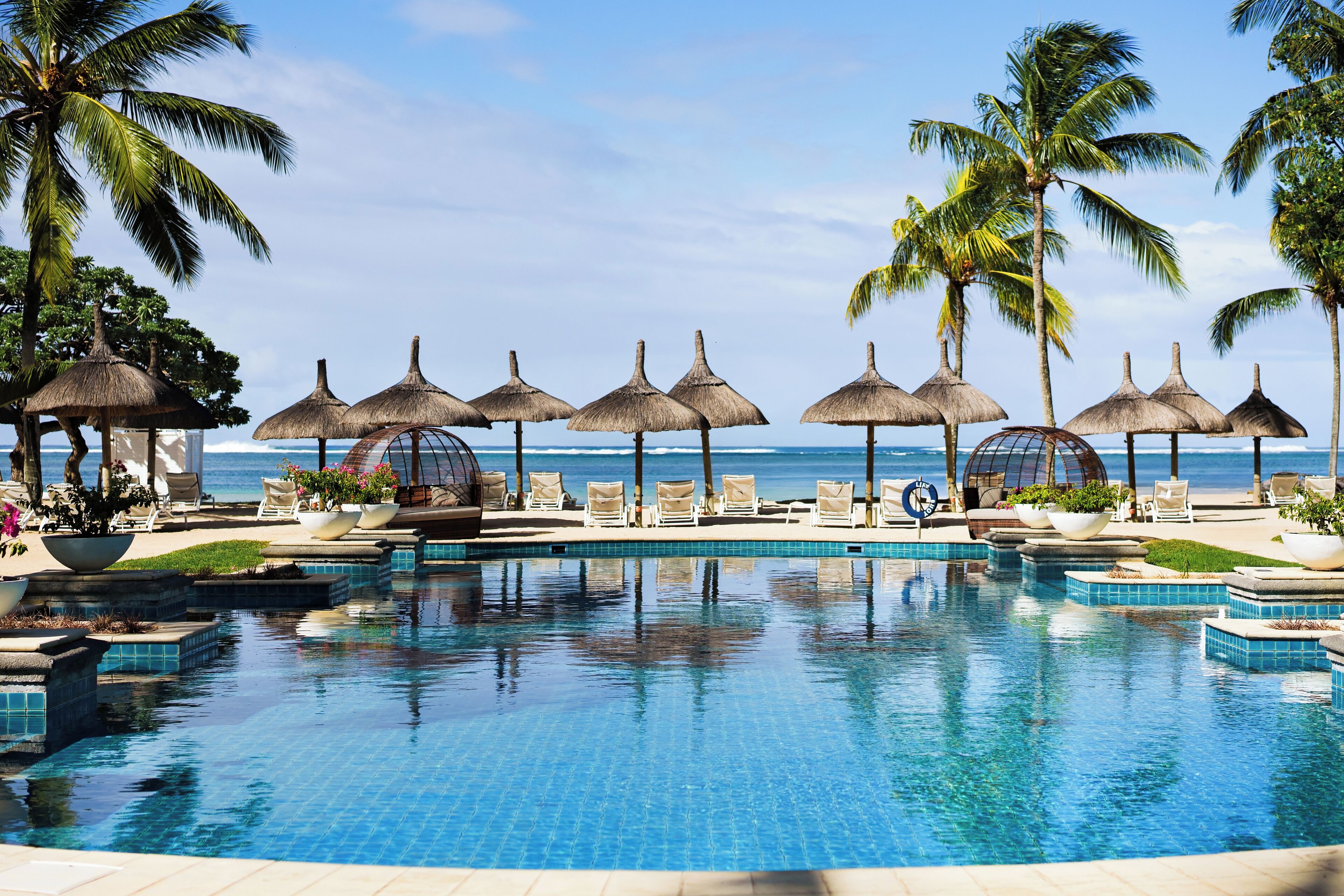 Outdoor pool, pool umbrellas, sun loungers