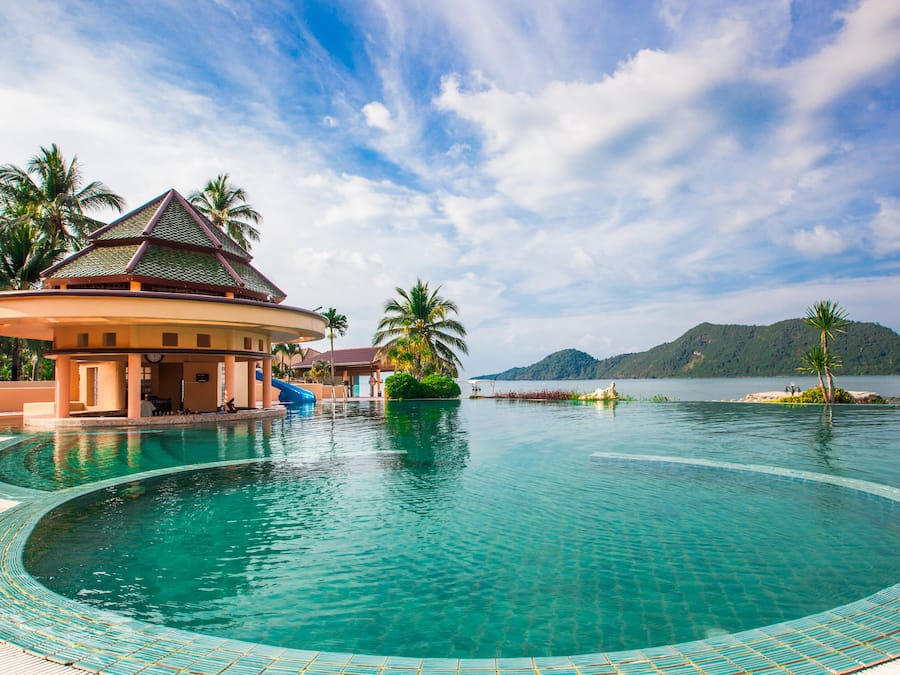 Utendørsbasseng, bassengparasoller og solsenger