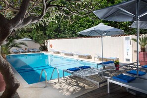 Seasonal outdoor pool, pool umbrellas, pool loungers