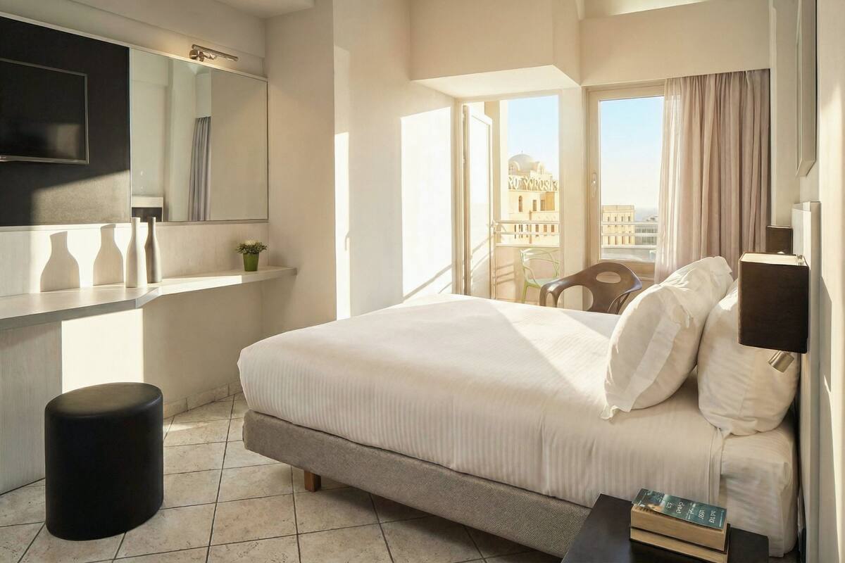 Ein Hotelzimmer mit Bett, Schreibtisch, Stuhl und einem Fenster mit Blick auf Gebäude.