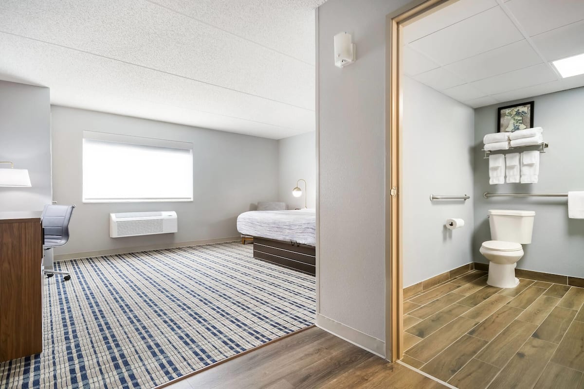 Hotelkamer met een bed, een bureau, een stoel, een raam, een radiator en een toilet.