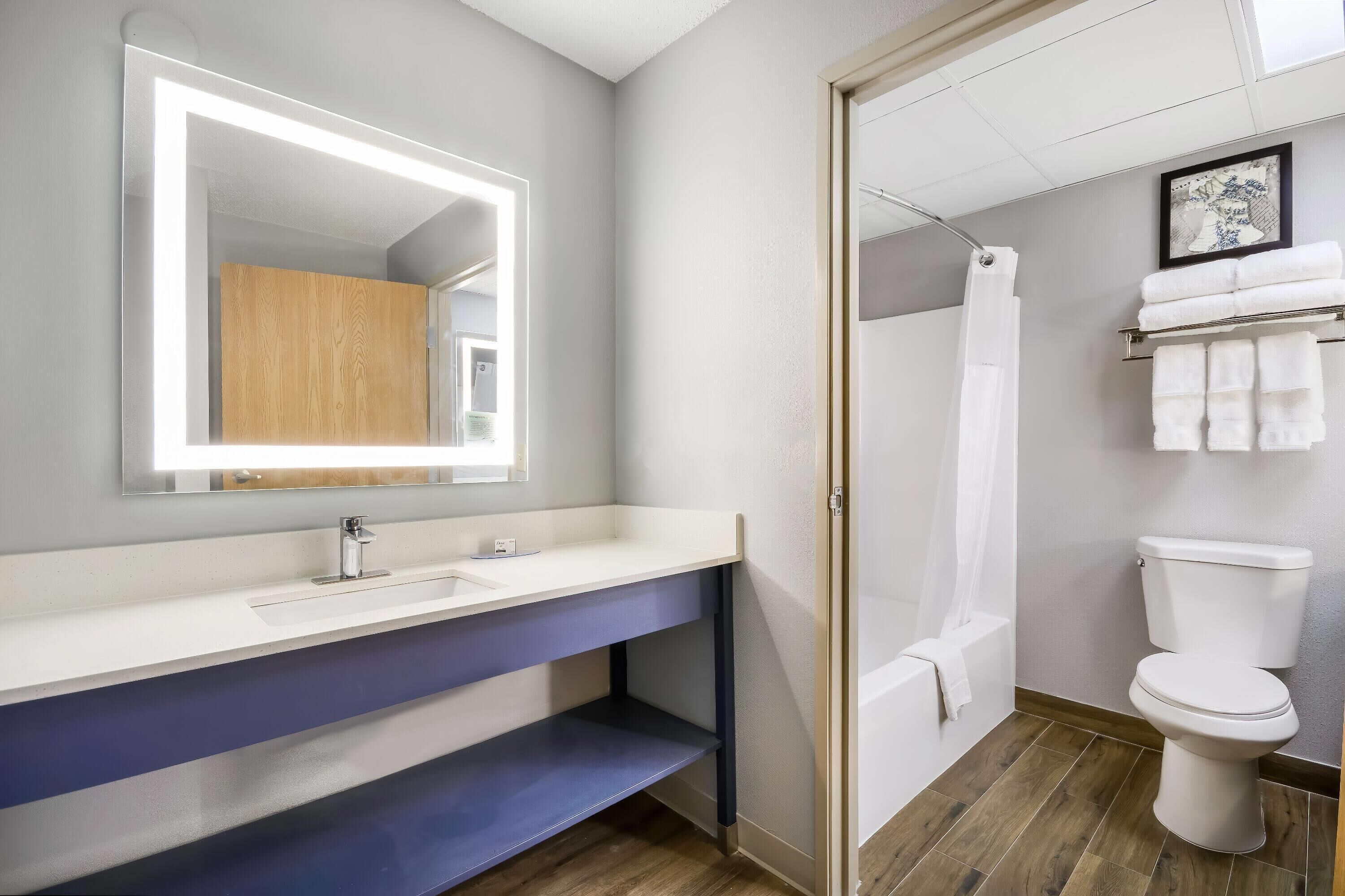 Une salle de bain avec un lavabo blanc, un miroir et des toilettes. On y trouve un rideau de douche et un porte-serviettes avec des serviettes.