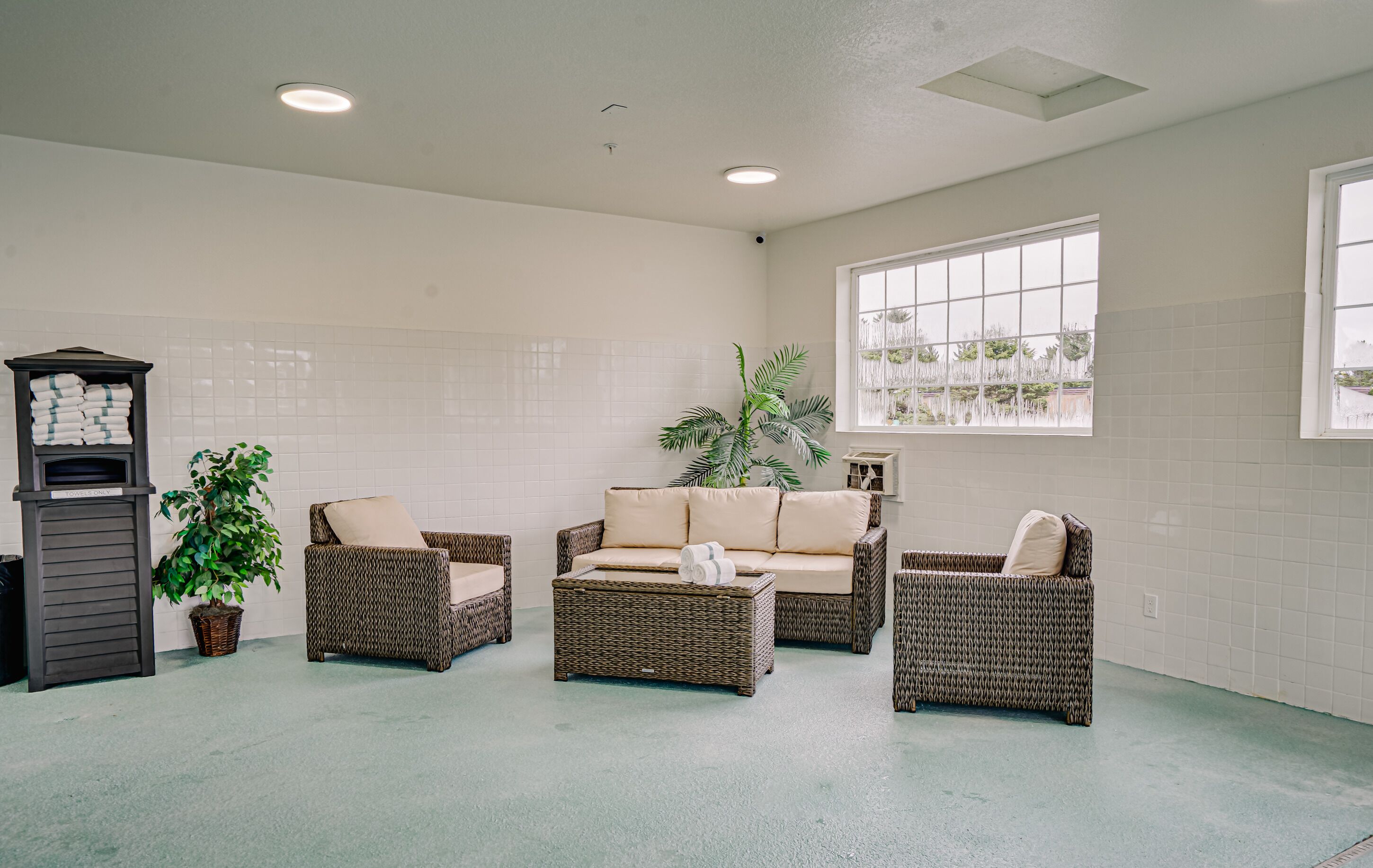 A spacious room with a large window, wicker furniture, a small plant, and a trash bin.