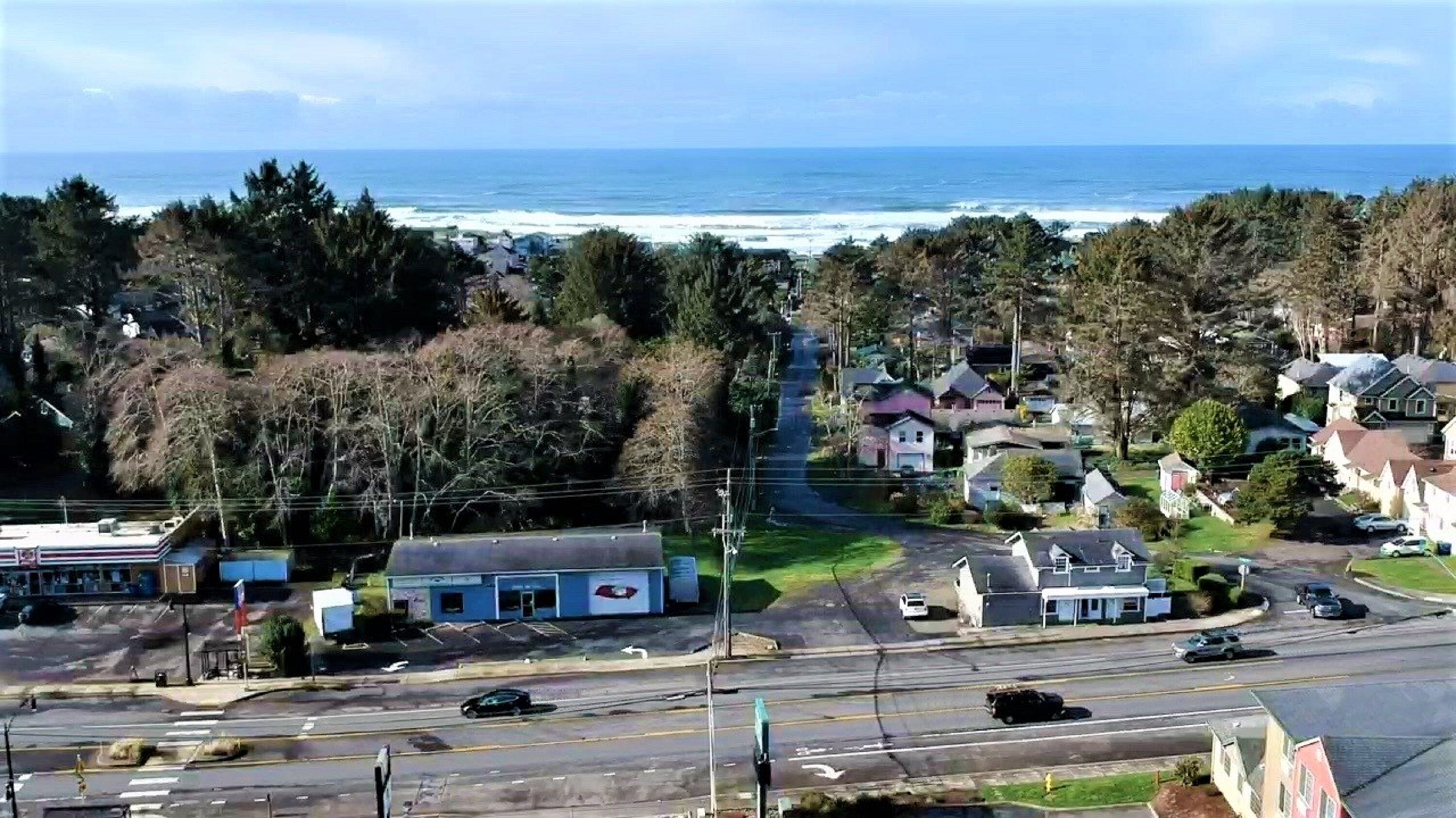 A coastal town with a view of the ocean, houses, and a road intersection.