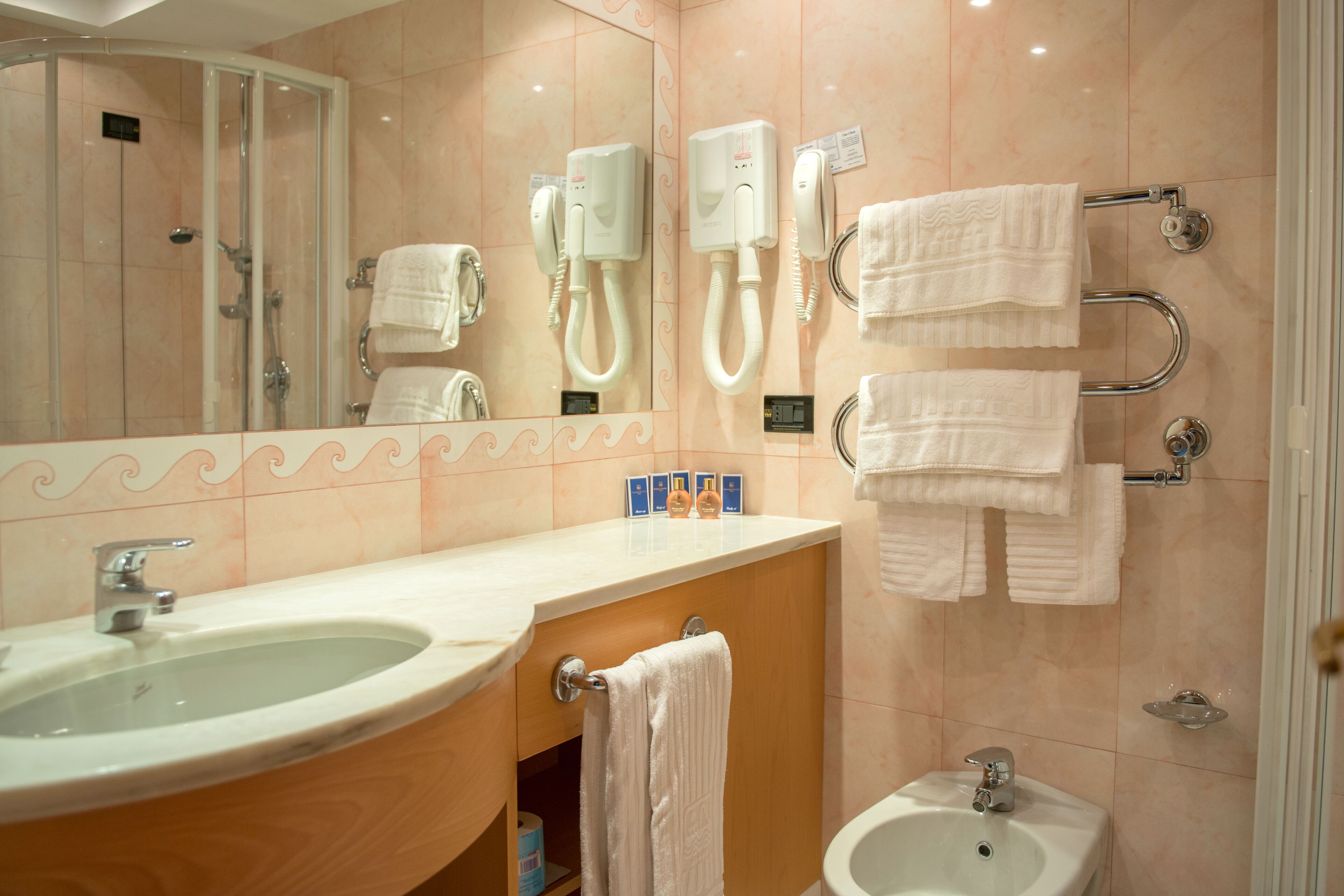 shower, hair dryer, slippers, bidet