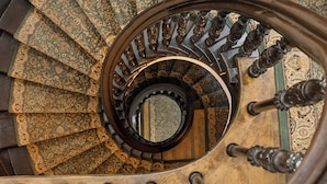 Una escalera de caracol con barandillas decorativas y alfombra estampada.