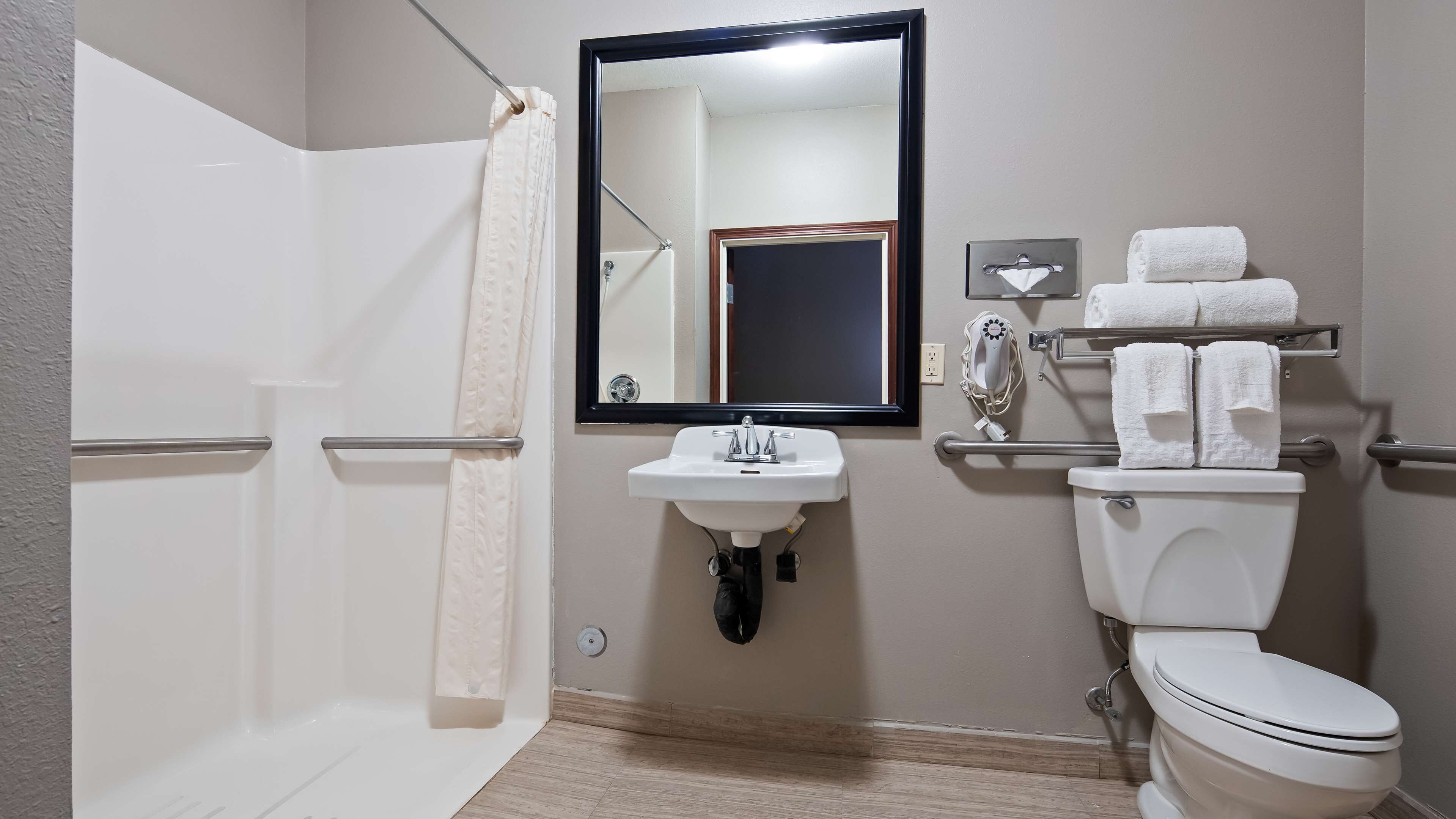 standard room, 1 king bed, accessible, refrigerator & microwave | bathroom | free toiletries, hair dryer, towels, soap