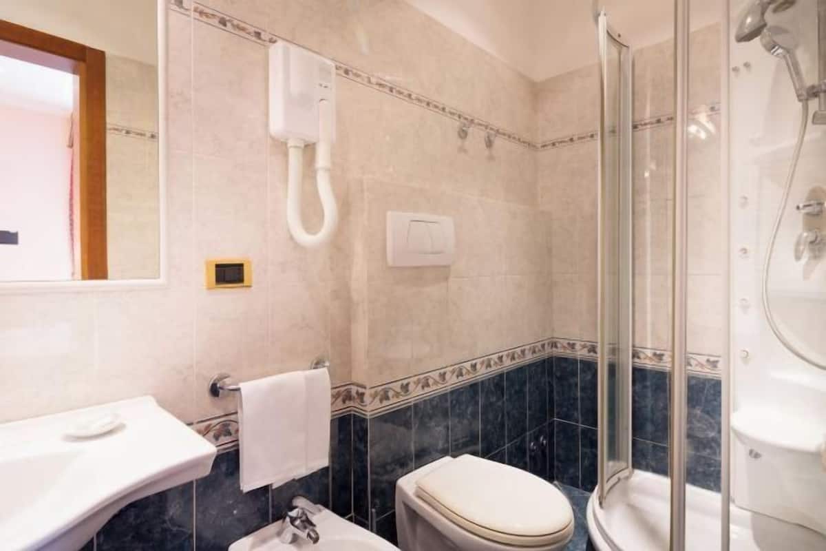 Shower, free toiletries, hair dryer, bidet