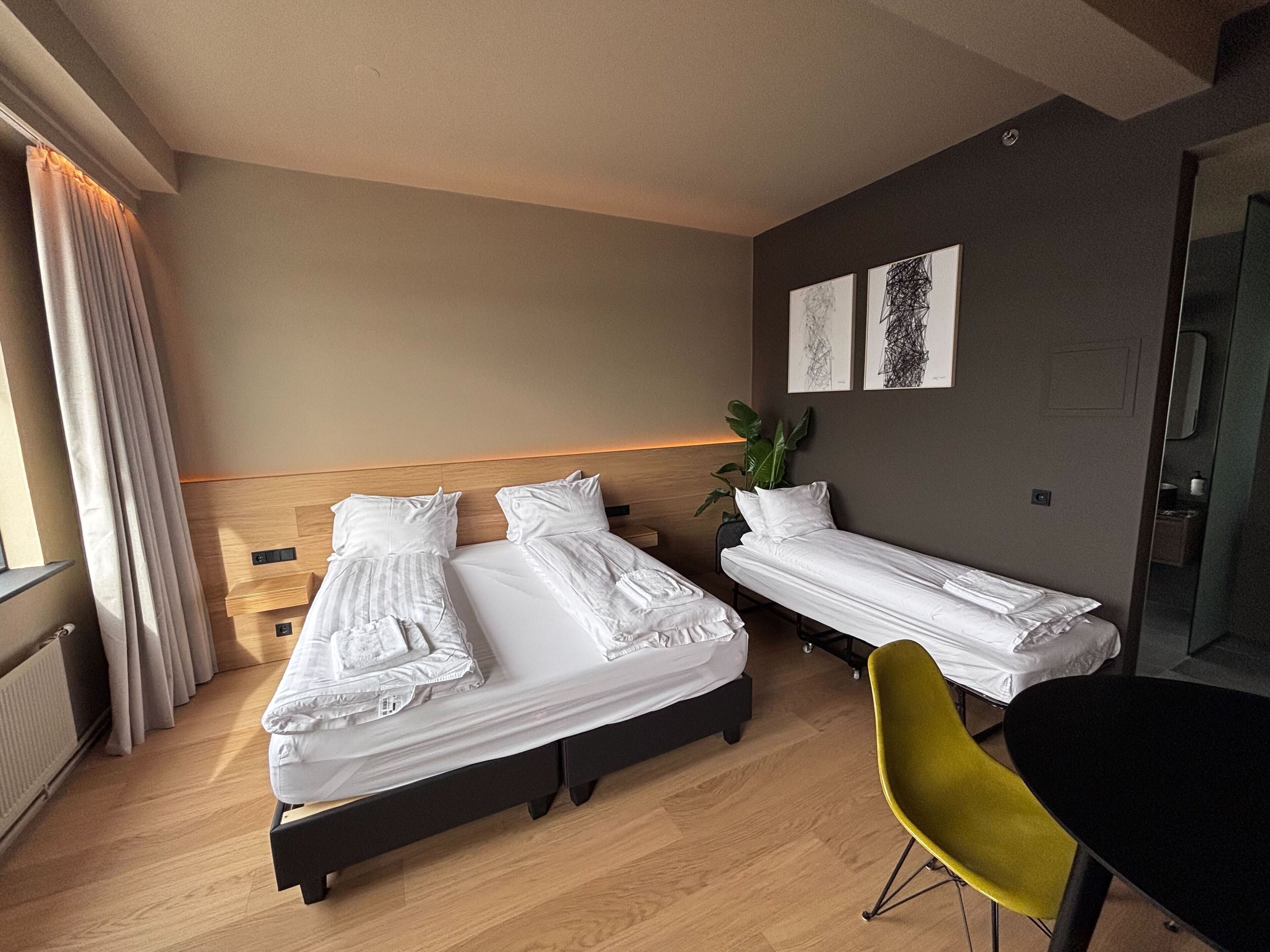 Habitación de hotel con dos camas, una mesita, una silla y una planta en maceta.