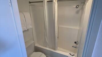 A small, compact bathroom with a toilet, a shower stall, and a bathtub.