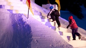 A snowy mountain with a staircase and flags.