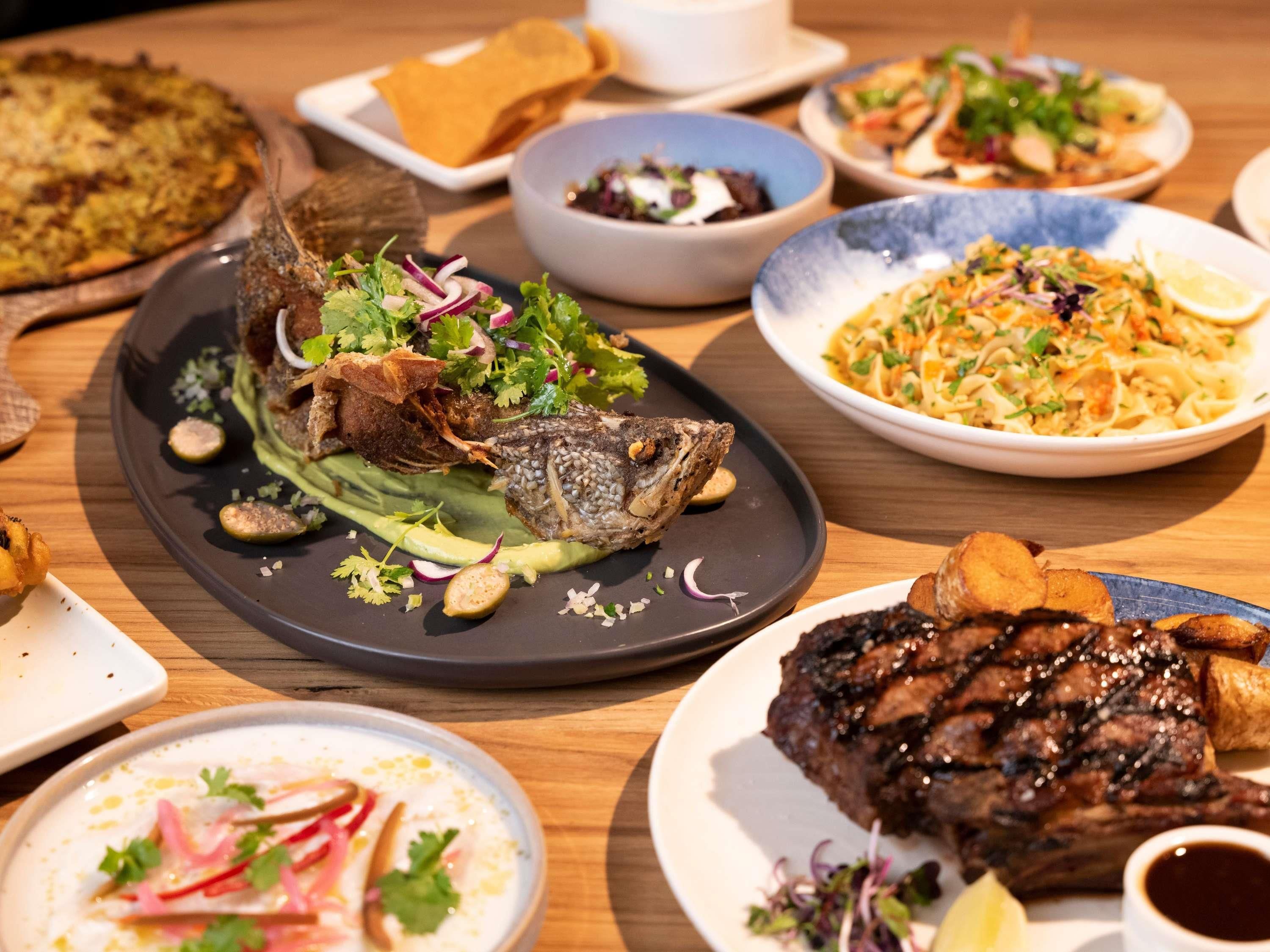 A variety of dishes on a wooden table, including fish, steak, pasta, and salads.