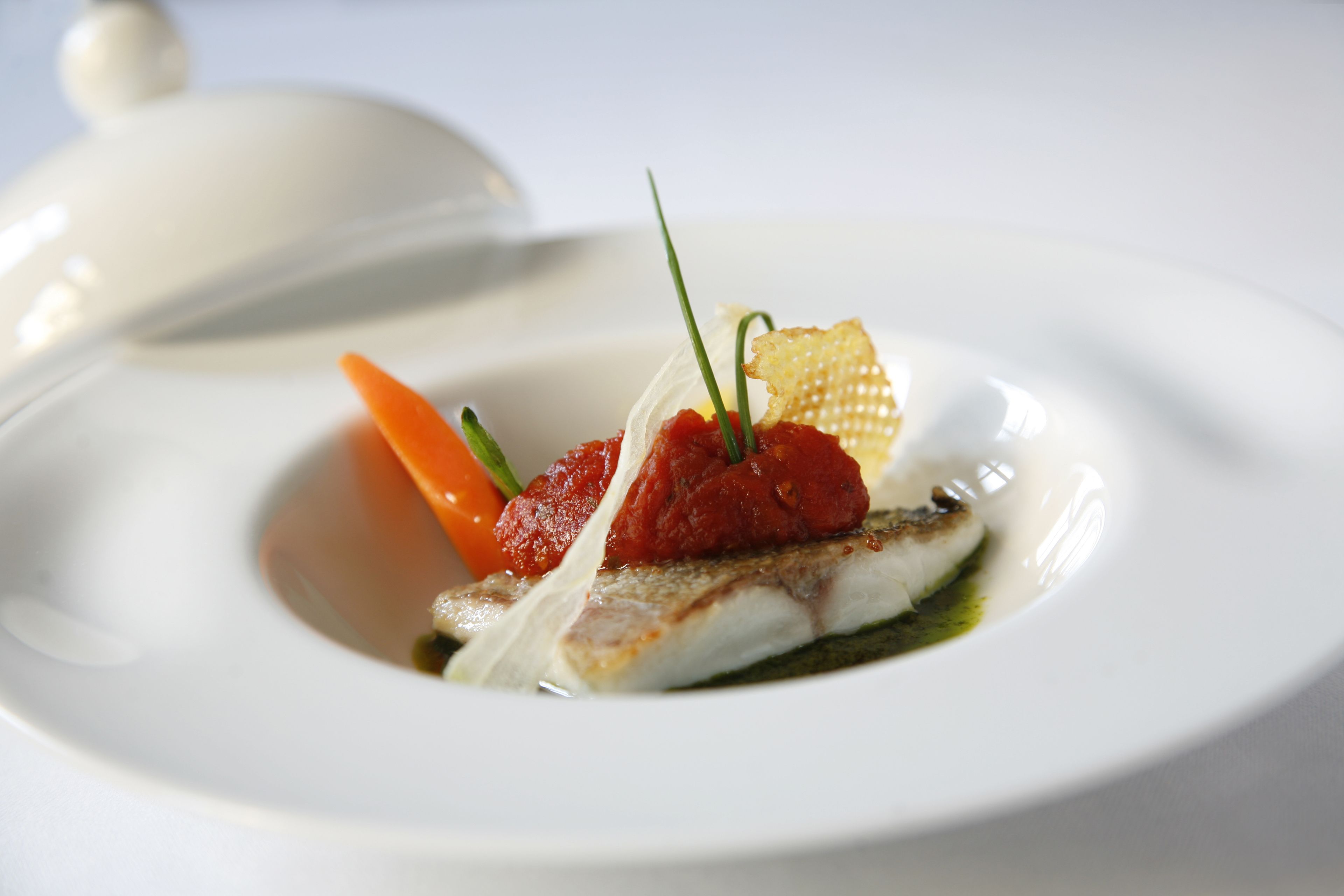 A white plate with a piece of fish, a slice of tomato, and a carrot.