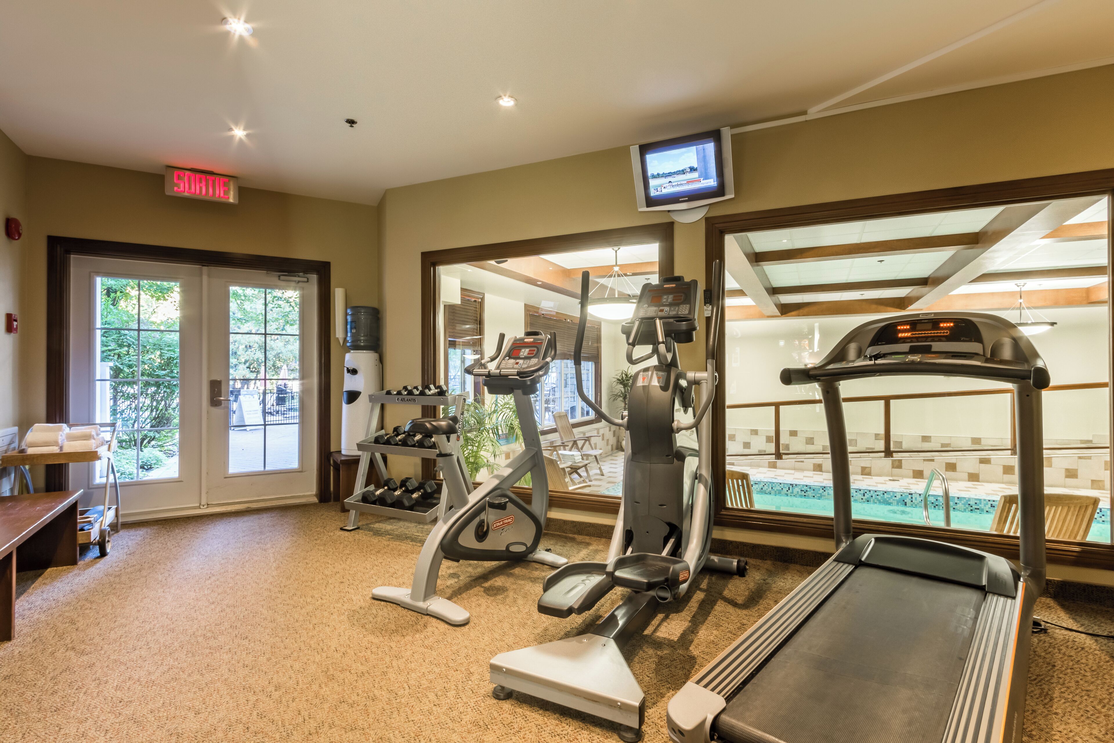 A gym with treadmills, elliptical machines, and free weights.