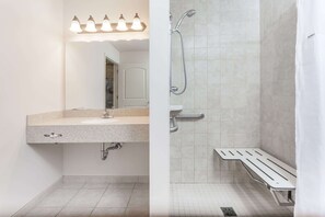 Combined shower/bathtub, deep-soaking bathtub, hair dryer, towels