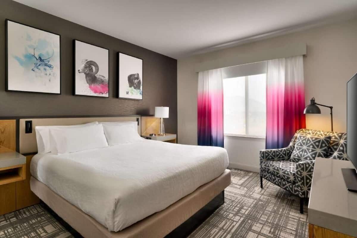 A hotel room with a large bed, a desk, a chair, a TV, and artwork on the wall.