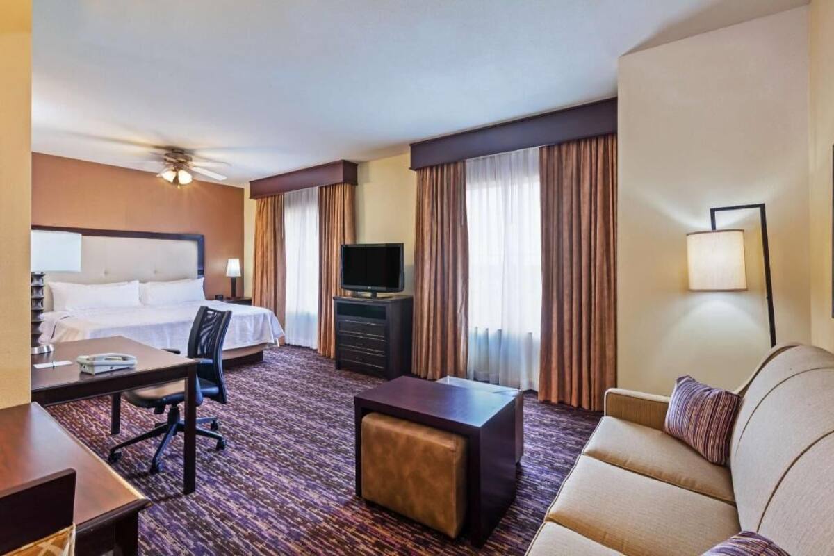 A hotel room with a bed, a desk, a television, a sofa, and a carpeted floor.