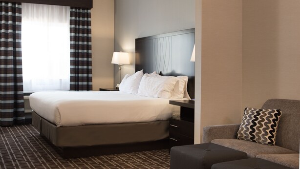 A hotel room with a large bed, a nightstand, a lamp, a sofa, and a patterned pillow. - Holiday Inn Express Le Claire Riverfront-Davenport by IHG (Le Claire)