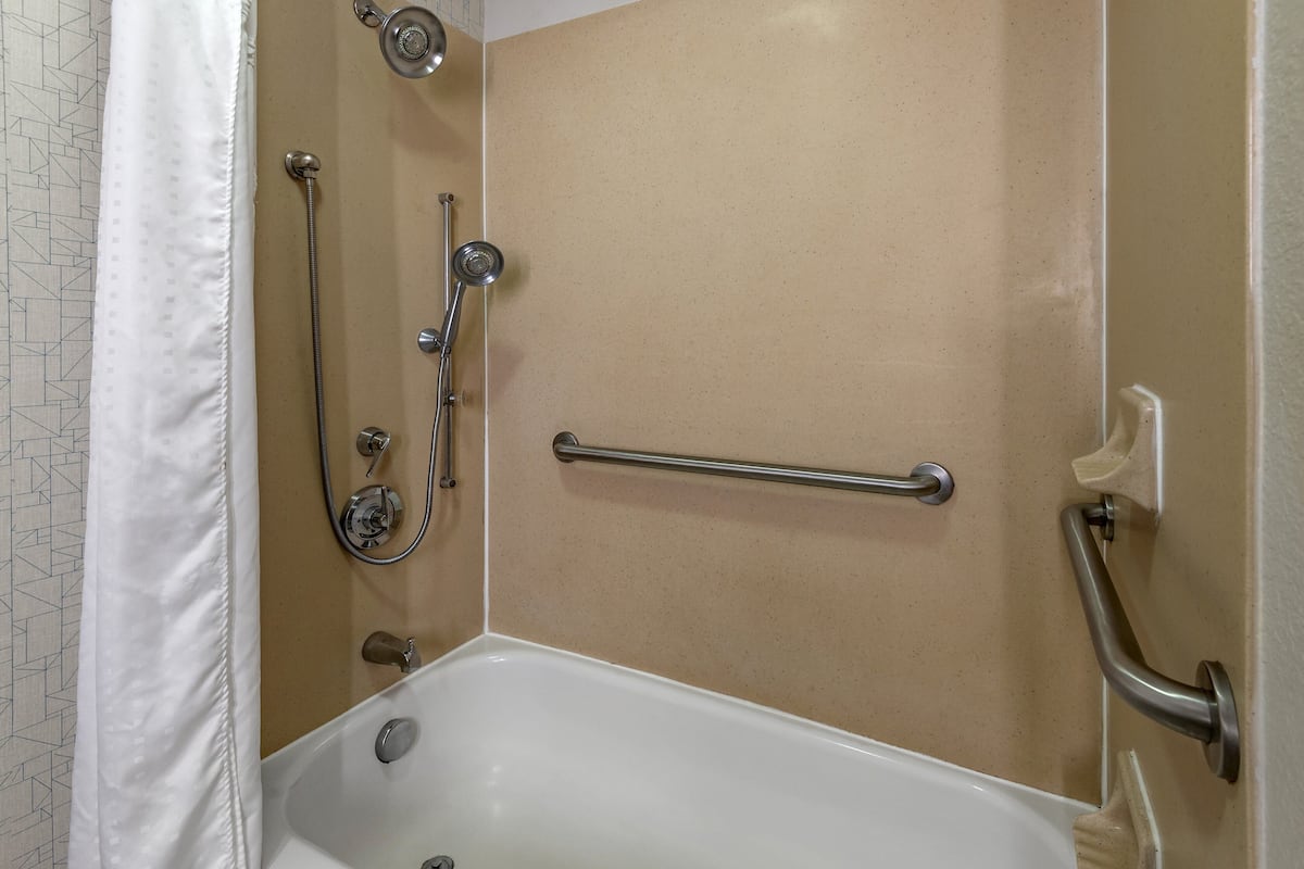 Combined shower/tub, free toiletries, hair dryer, towels