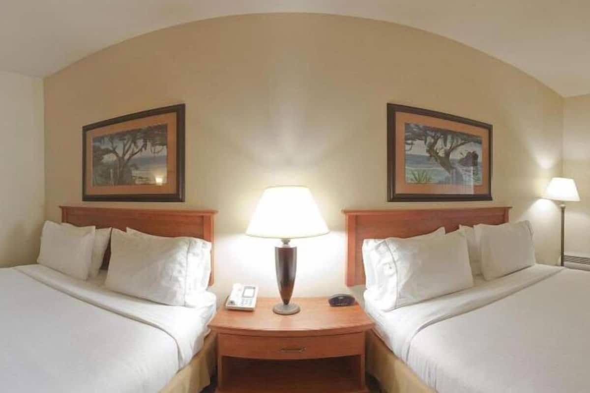 desk, laptop workspace, blackout curtains, iron/ironing board