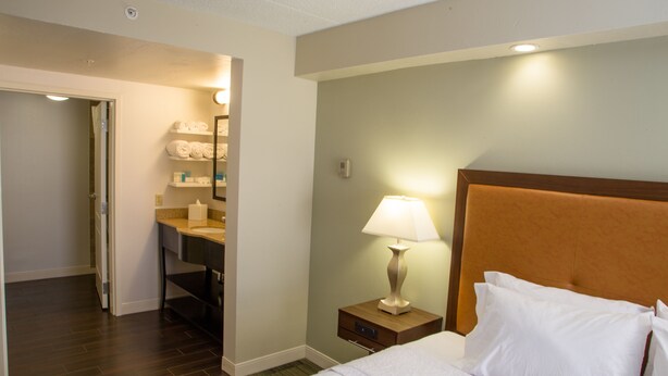 A hotel room with a bed, a nightstand with a lamp, a bathroom with a sink and towel rack. - Hampton Inn & Suites Albany-Downtown (Albany)