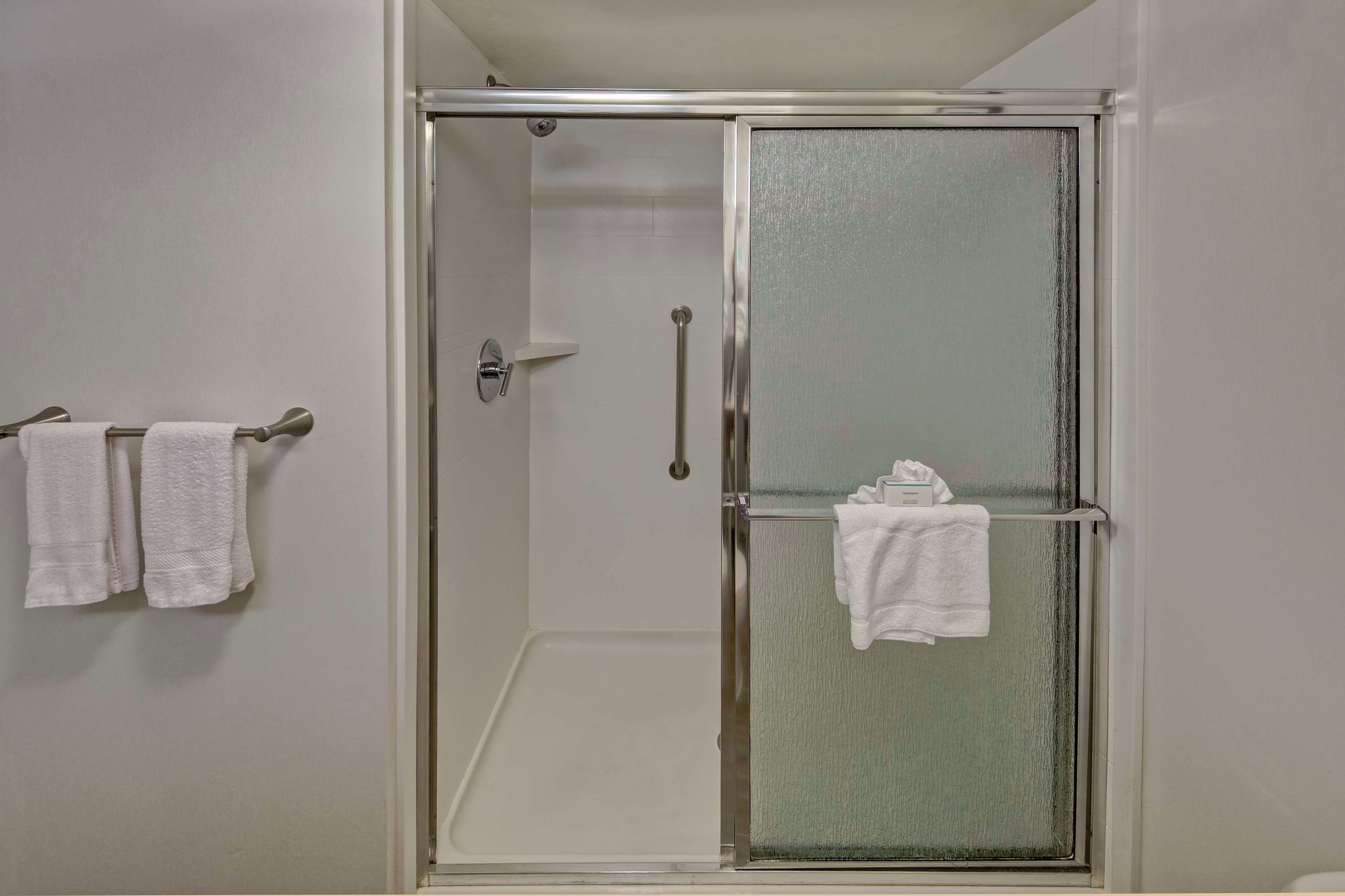 A glass-enclosed shower with a door handle and a towel rack with two towels.