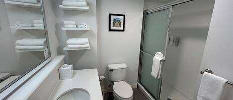 A modern bathroom with a sink, toilet, and glass shower enclosure.