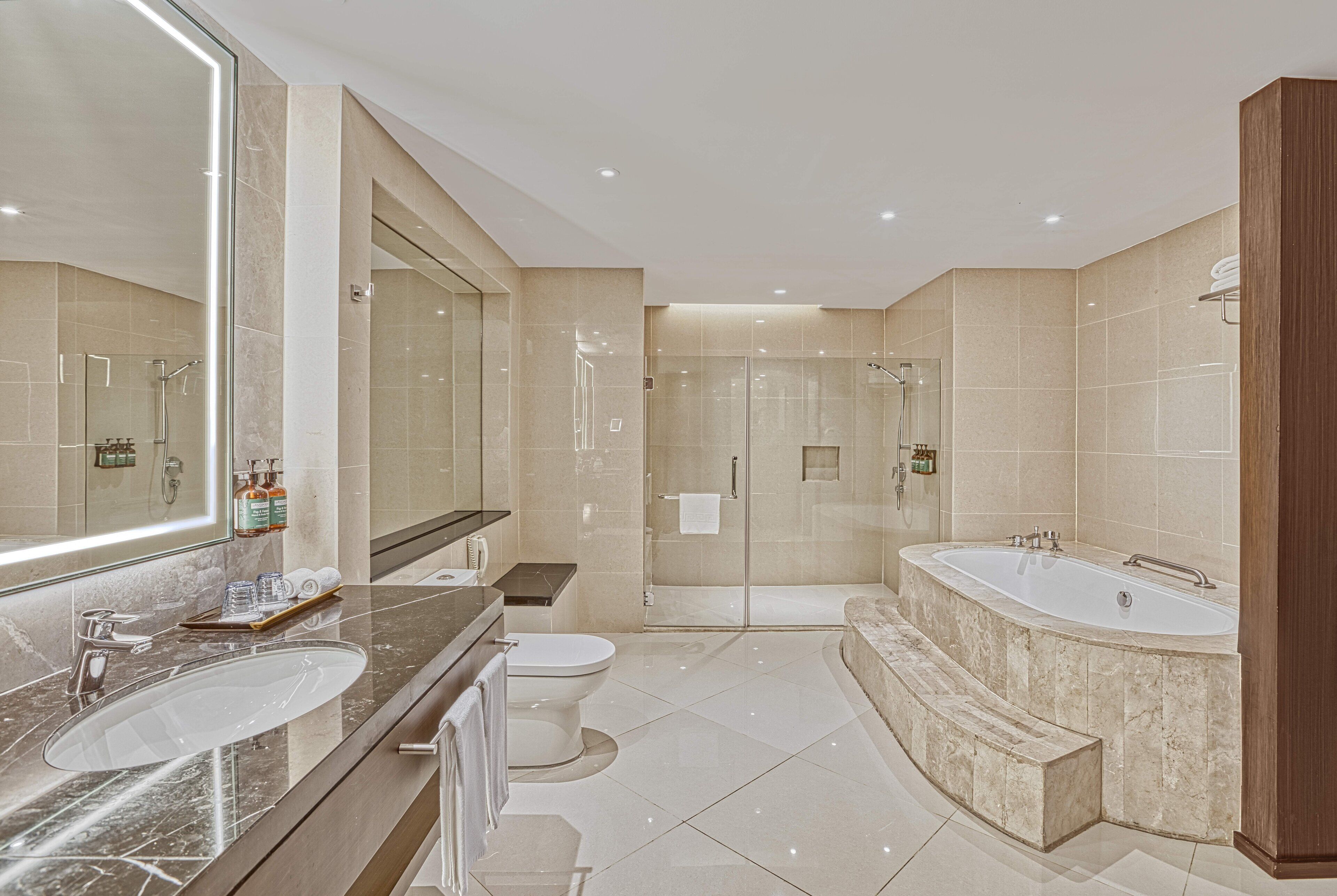Une salle de bain moderne avec un grand miroir, deux lavabos, une baignoire et un espace douche.