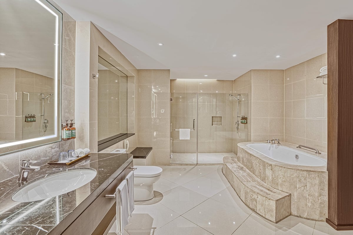 Une salle de bain moderne avec un grand miroir, deux lavabos, une baignoire et un espace douche.