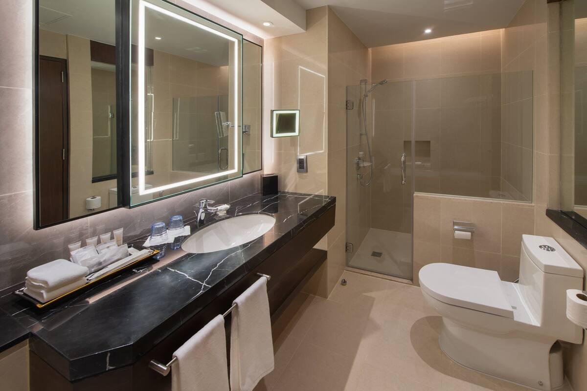 Un baño moderno con un espejo grande, un lavamanos, un inodoro y una ducha con mampara de vidrio.