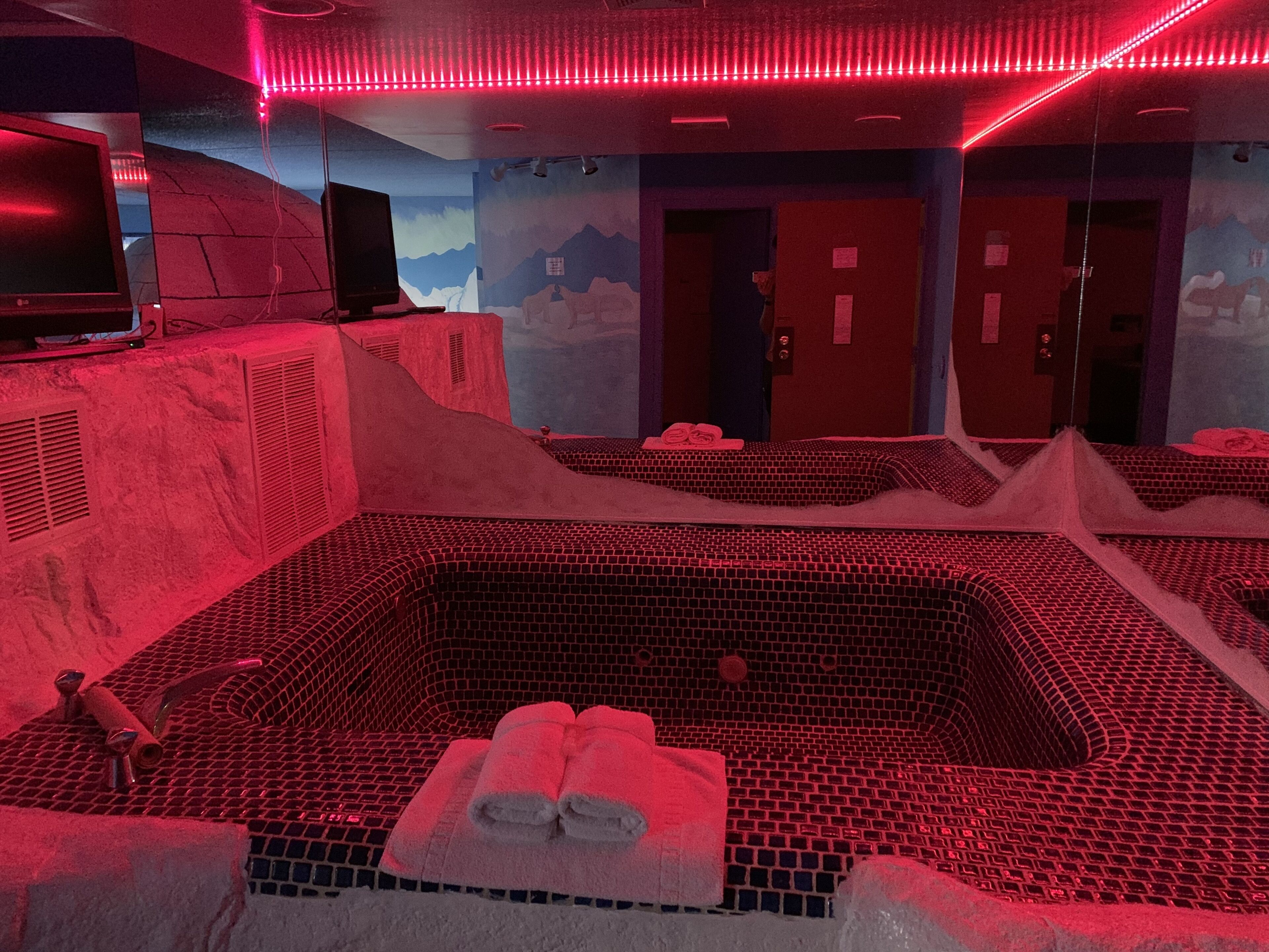 A spa room with a large hot tub, a television, and a mural on the wall.